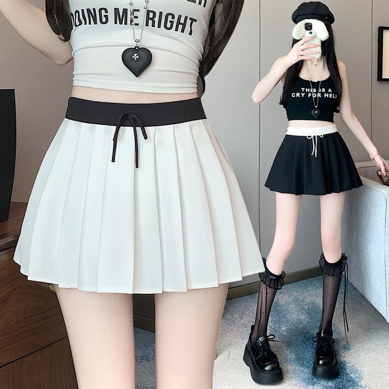 Skirt Contrast Mini Waist Drawstring Trim Pleated A-Line