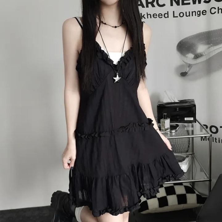 Frill Trim Mini A-Line Dress with V-Neck and Thin Straps