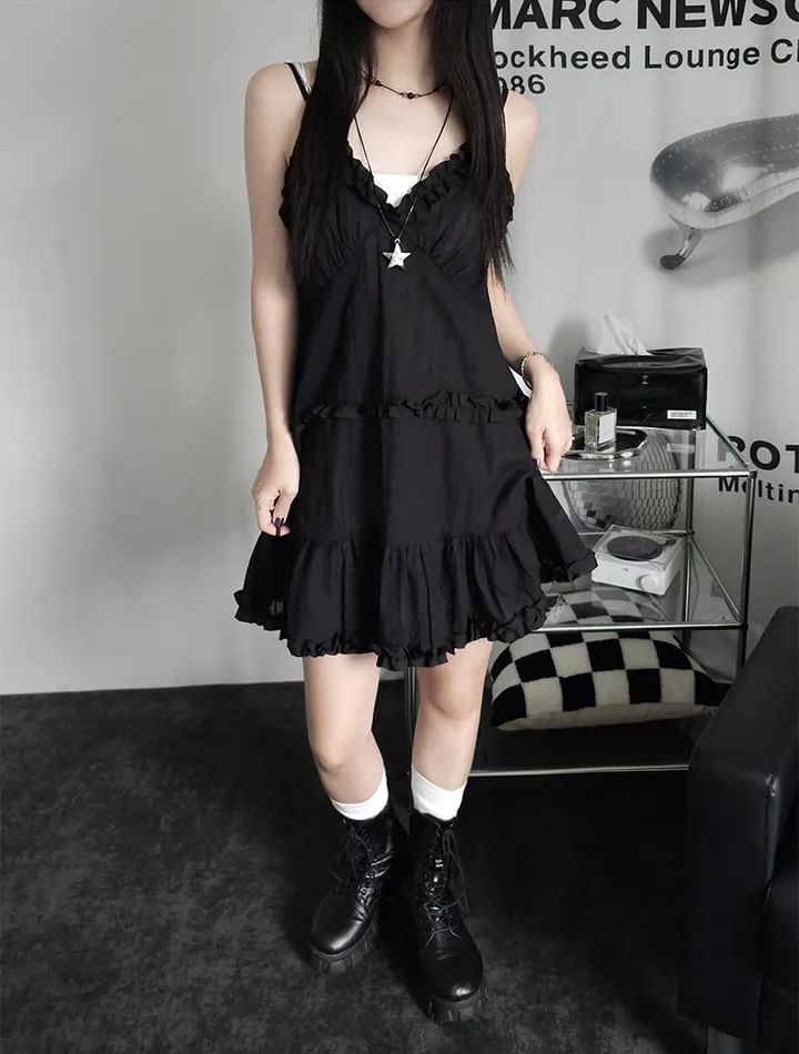 Frill Trim Mini A-Line Dress with V-Neck and Thin Straps
