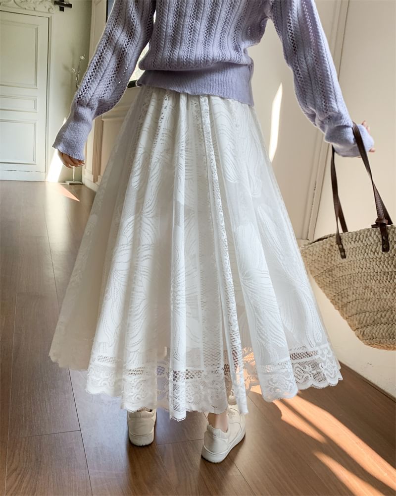 Waist Lace Floral Trim Maxi A-Line High Skirt