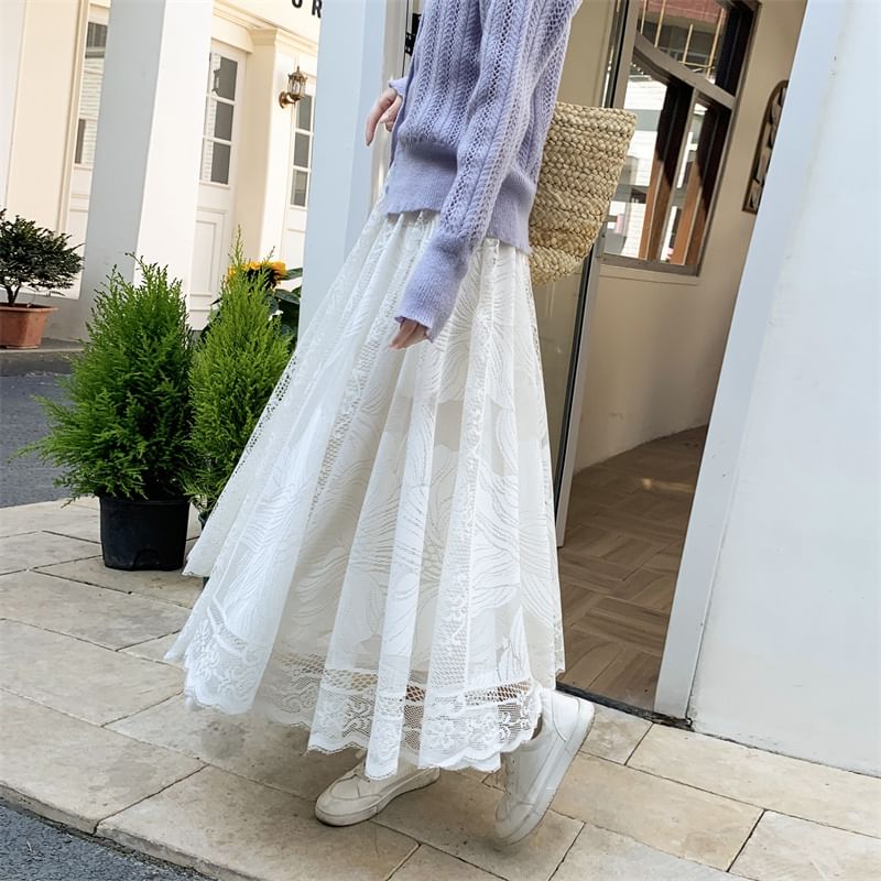 Waist Lace Floral Trim Maxi A-Line High Skirt