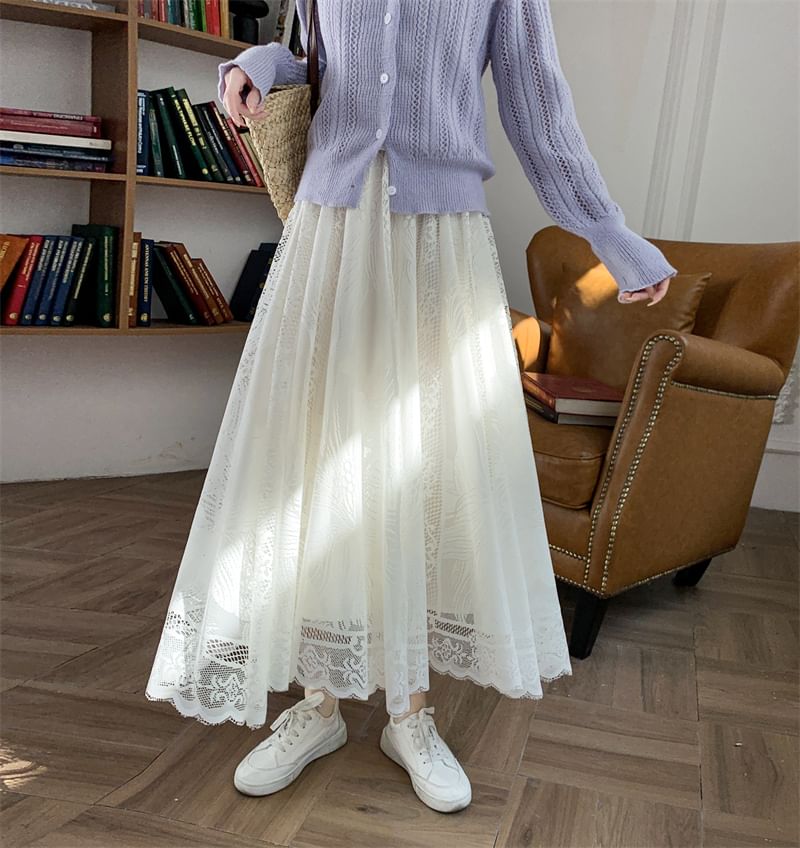 Waist Lace Floral Trim Maxi A-Line High Skirt