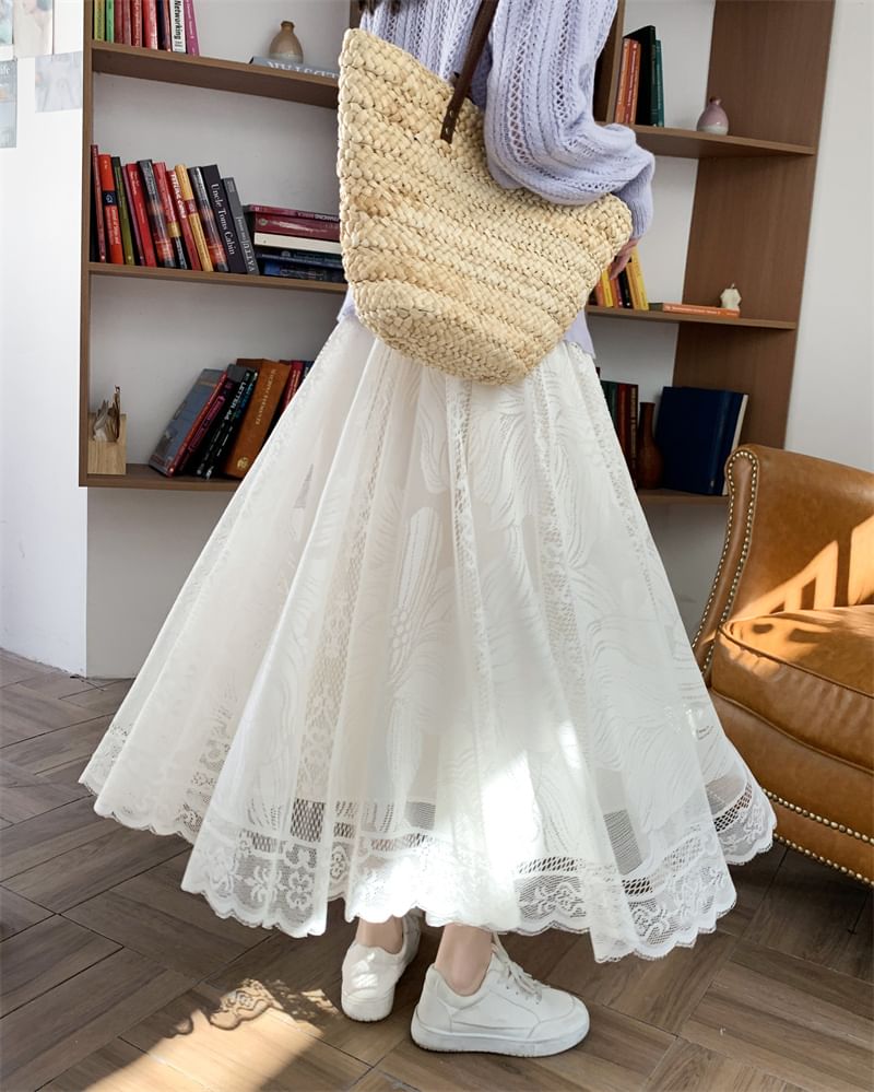 Waist Lace Floral Trim Maxi A-Line High Skirt