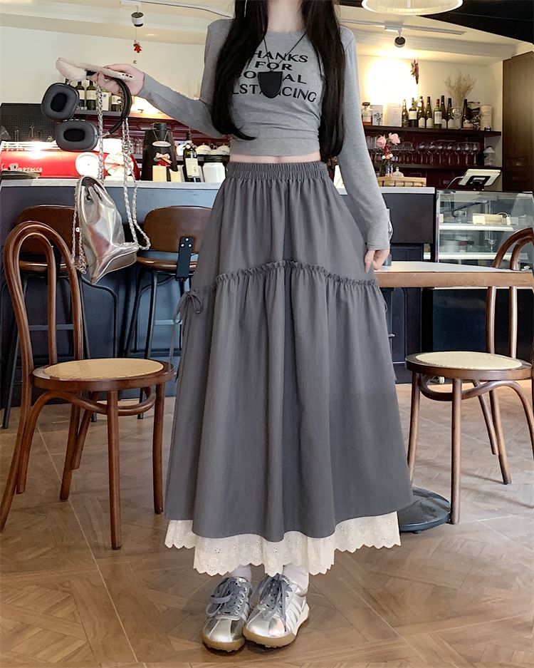 Trim Skirt Lace Plain Maxi Rise High A-Line