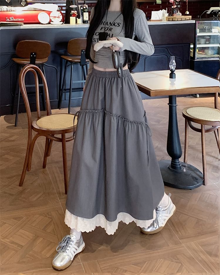 Trim Skirt Lace Plain Maxi Rise High A-Line