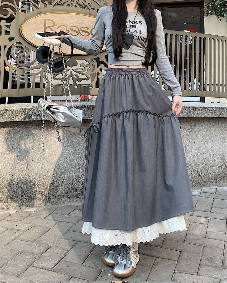 Trim Skirt Lace Plain Maxi Rise High A-Line