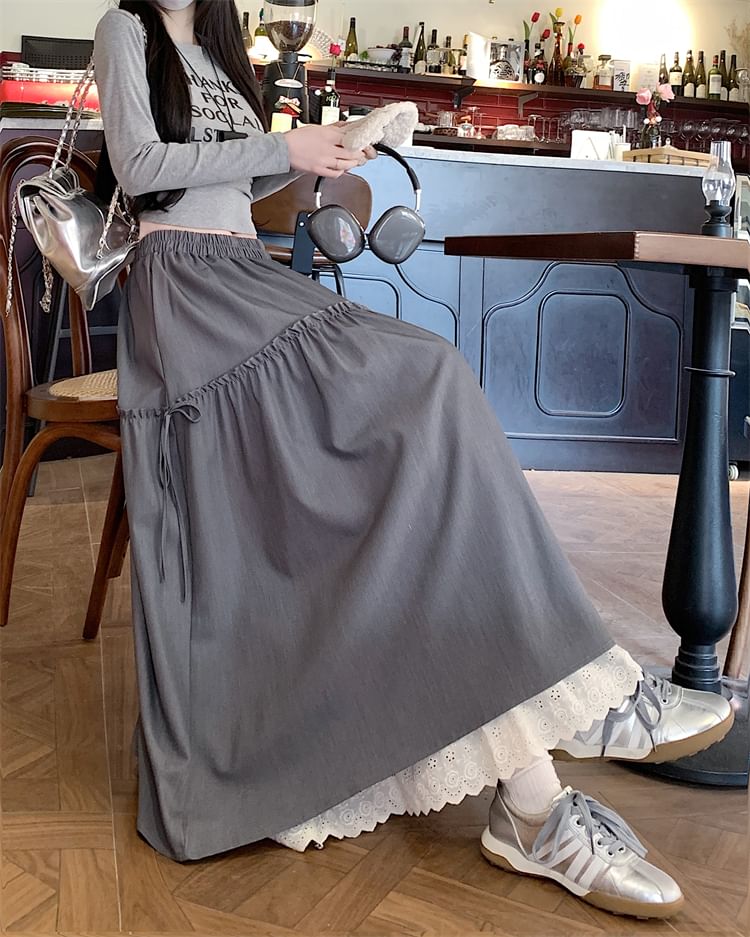 Trim Skirt Lace Plain Maxi Rise High A-Line