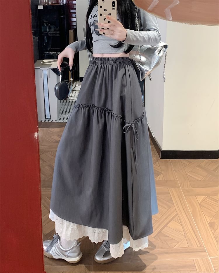 Trim Skirt Lace Plain Maxi Rise High A-Line