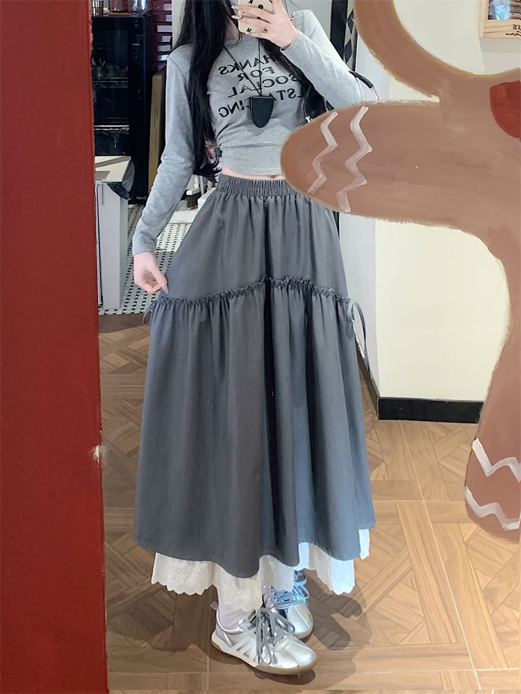 Trim Skirt Lace Plain Maxi Rise High A-Line