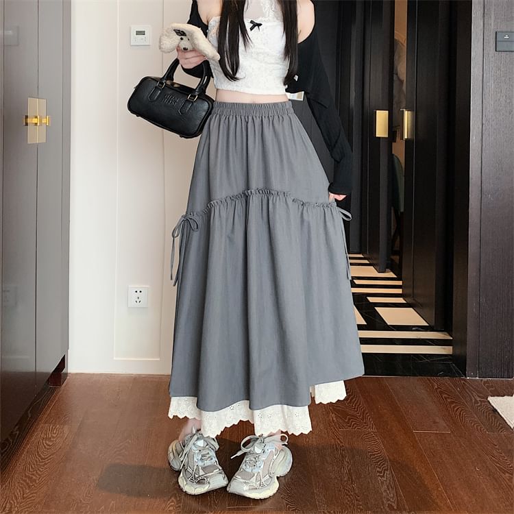 Trim Skirt Lace Plain Maxi Rise High A-Line