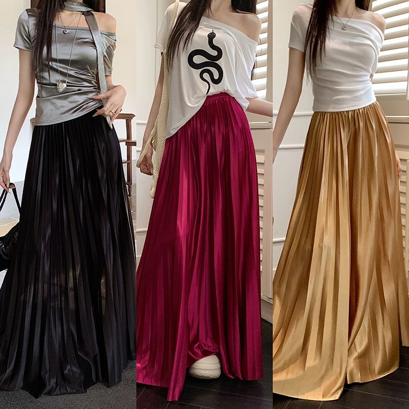 Pleated Skirt Waist Maxi Plain High Accordion A-Line