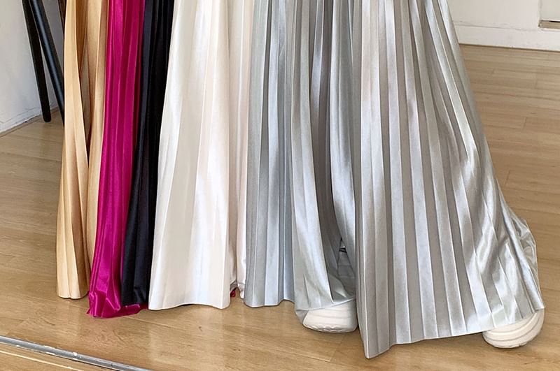 Pleated Skirt Waist Maxi Plain High Accordion A-Line