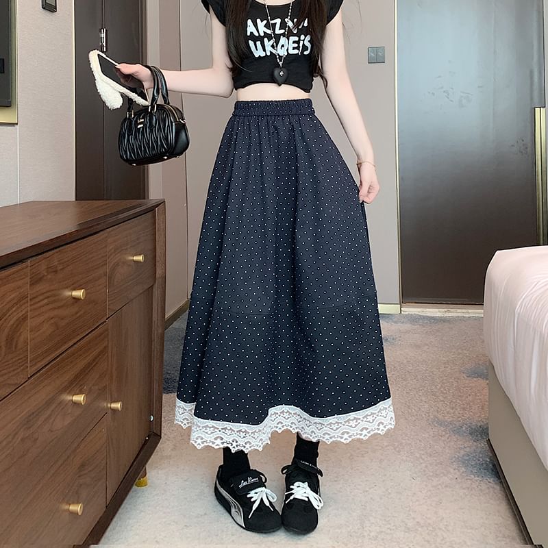 High Rise Dotted A-Line Lace Trim Skirt Maxi