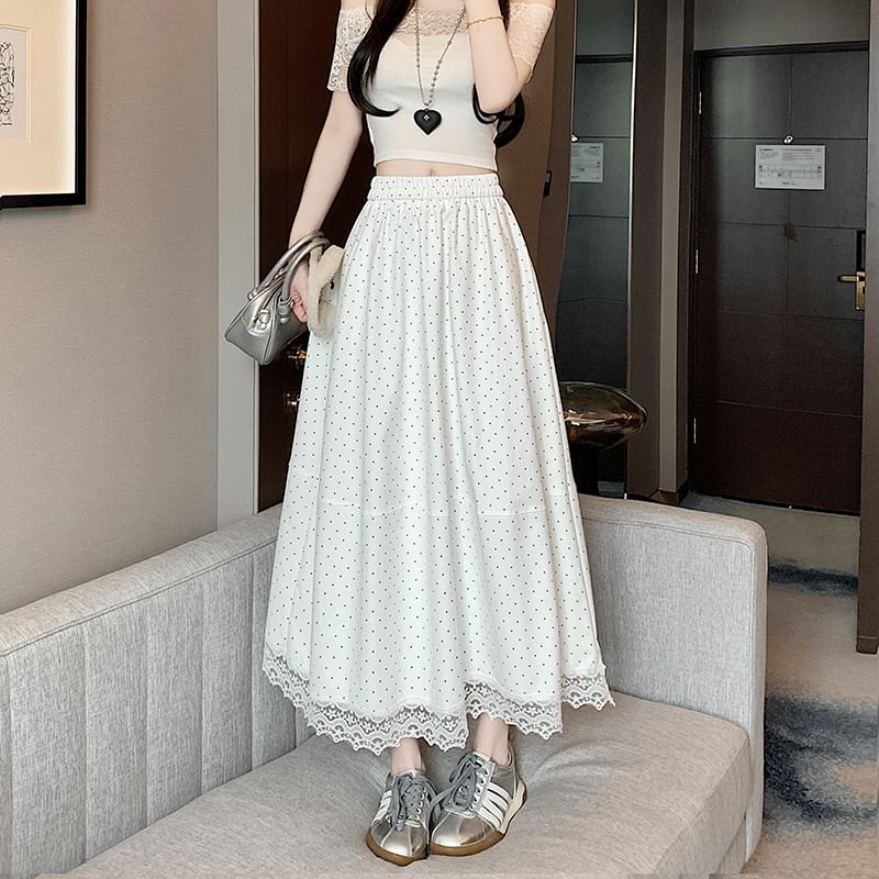 High Rise Dotted A-Line Lace Trim Skirt Maxi