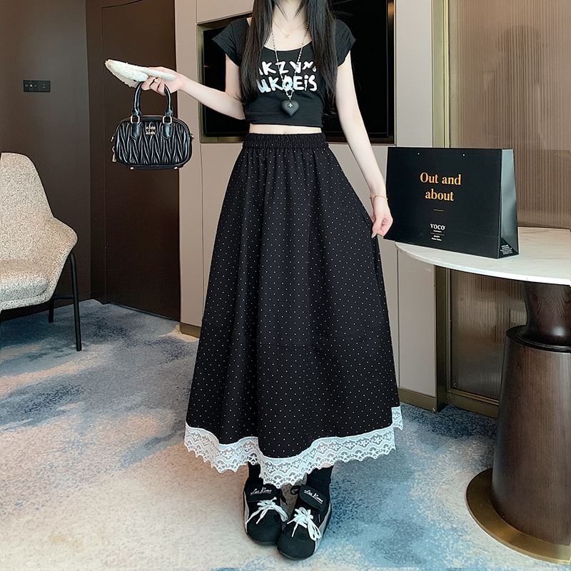 High Rise Dotted A-Line Lace Trim Skirt Maxi