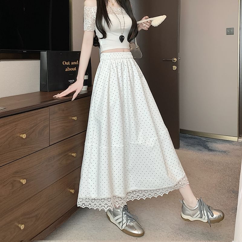 High Rise Dotted A-Line Lace Trim Skirt Maxi