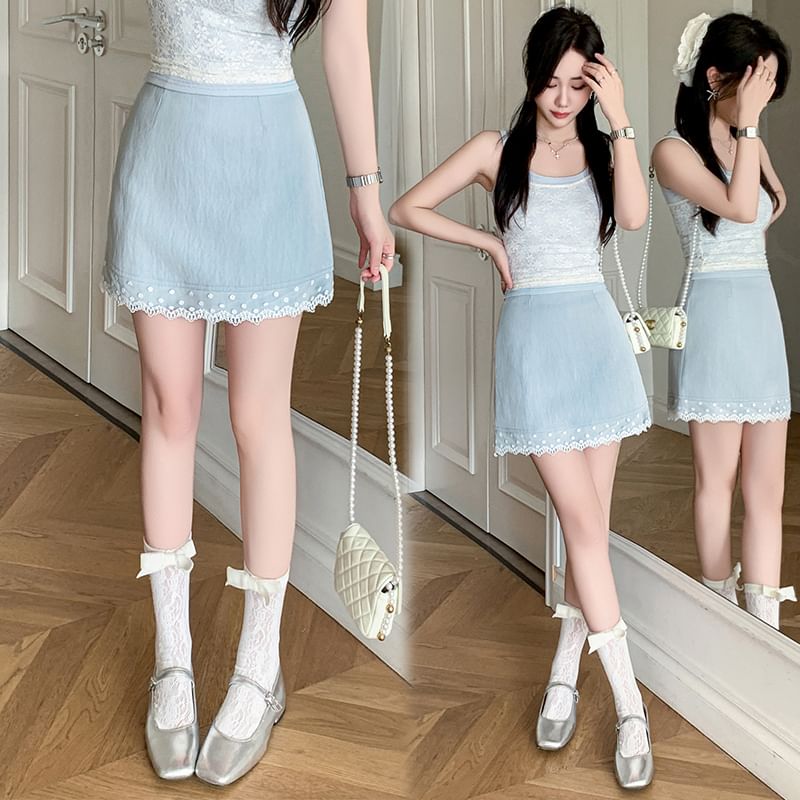 Mini Lace Skirt Waist Plain Trim High Pencil