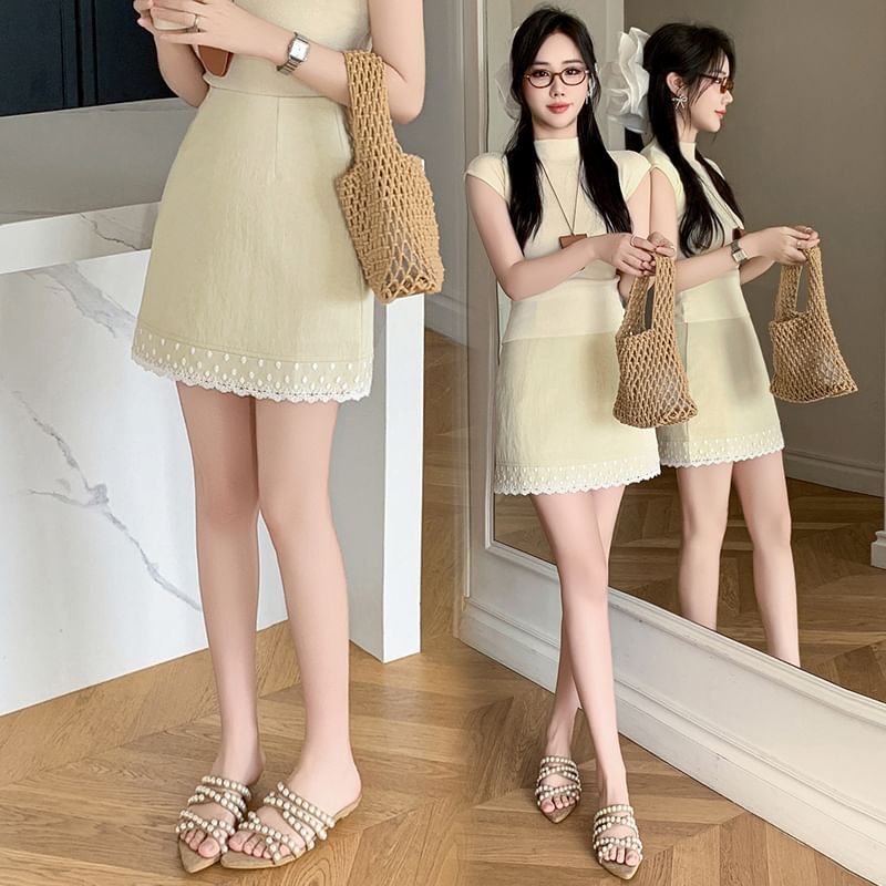 Mini Lace Skirt Waist Plain Trim High Pencil