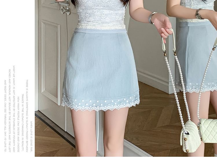 Mini Lace Skirt Waist Plain Trim High Pencil
