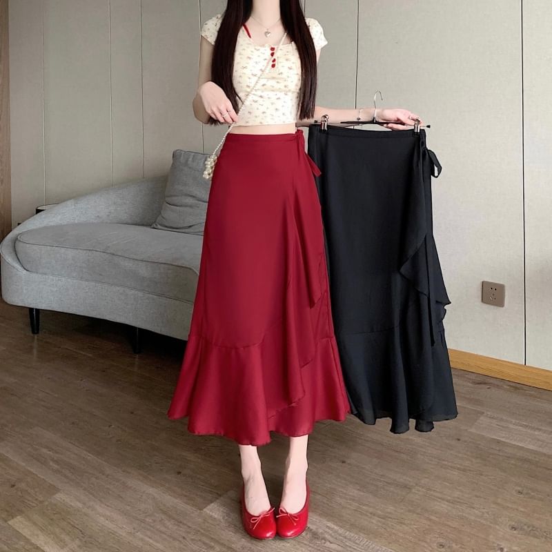 Waist Ruffle Midi Plain A-Line Skirt High