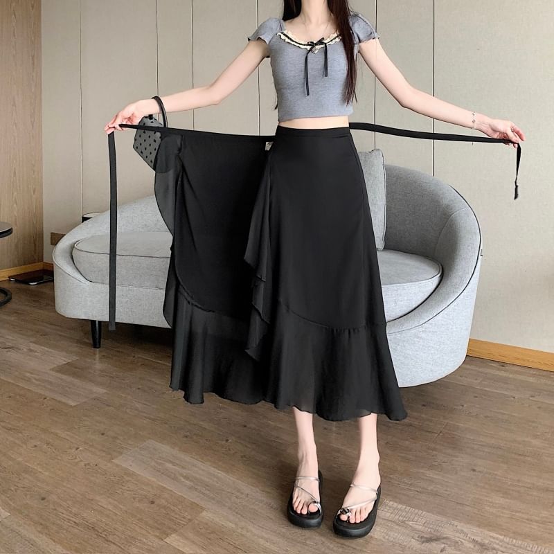 Waist Ruffle Midi Plain A-Line Skirt High