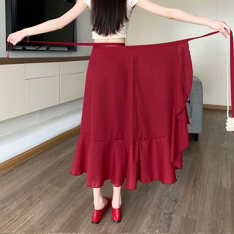 Waist Ruffle Midi Plain A-Line Skirt High