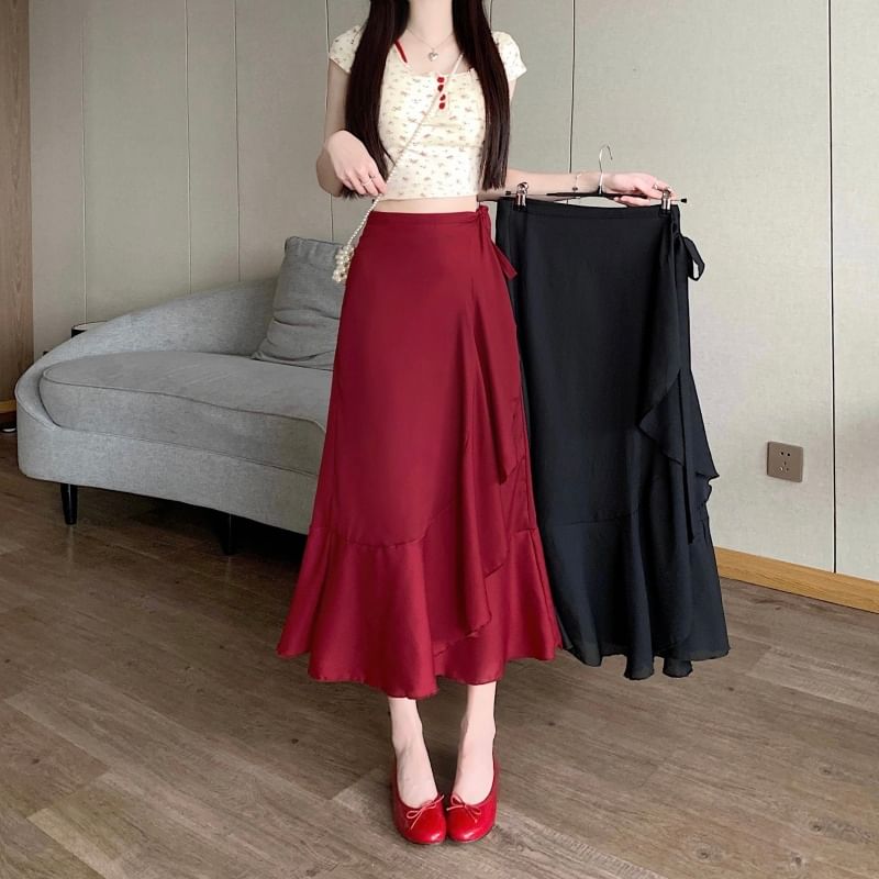Waist Ruffle Midi Plain A-Line Skirt High