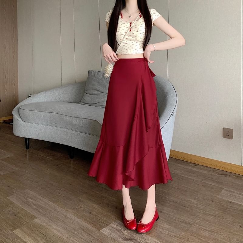 Waist Ruffle Midi Plain A-Line Skirt High