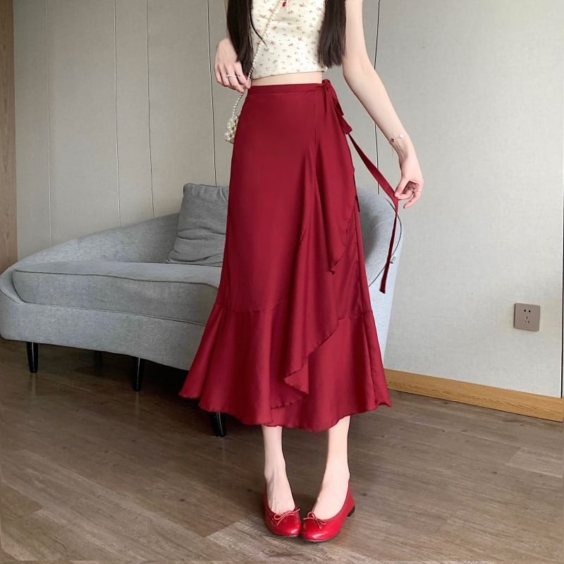 Waist Ruffle Midi Plain A-Line Skirt High