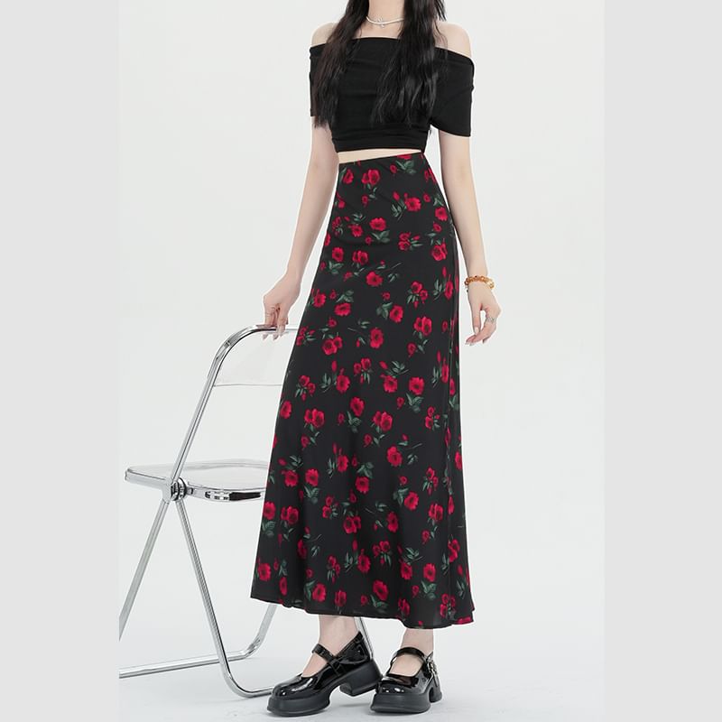 Skirt High A-Line Maxi Floral Waist