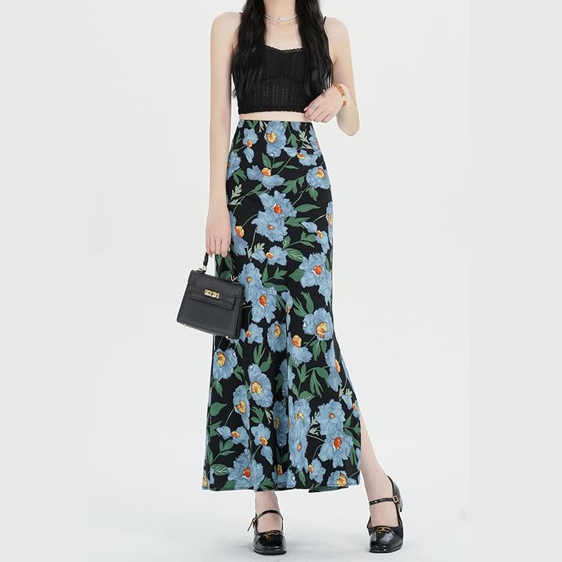 Skirt High A-Line Maxi Floral Waist
