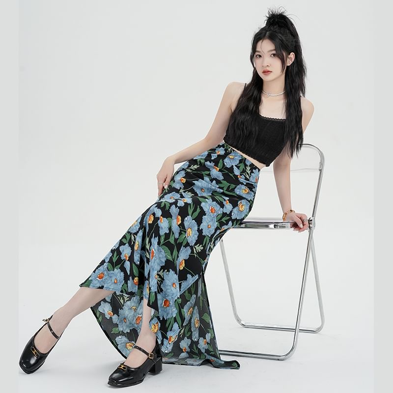 Skirt High A-Line Maxi Floral Waist