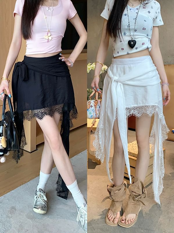 Trim Waist Lace High Plain Skort Asymmetrical Wrap