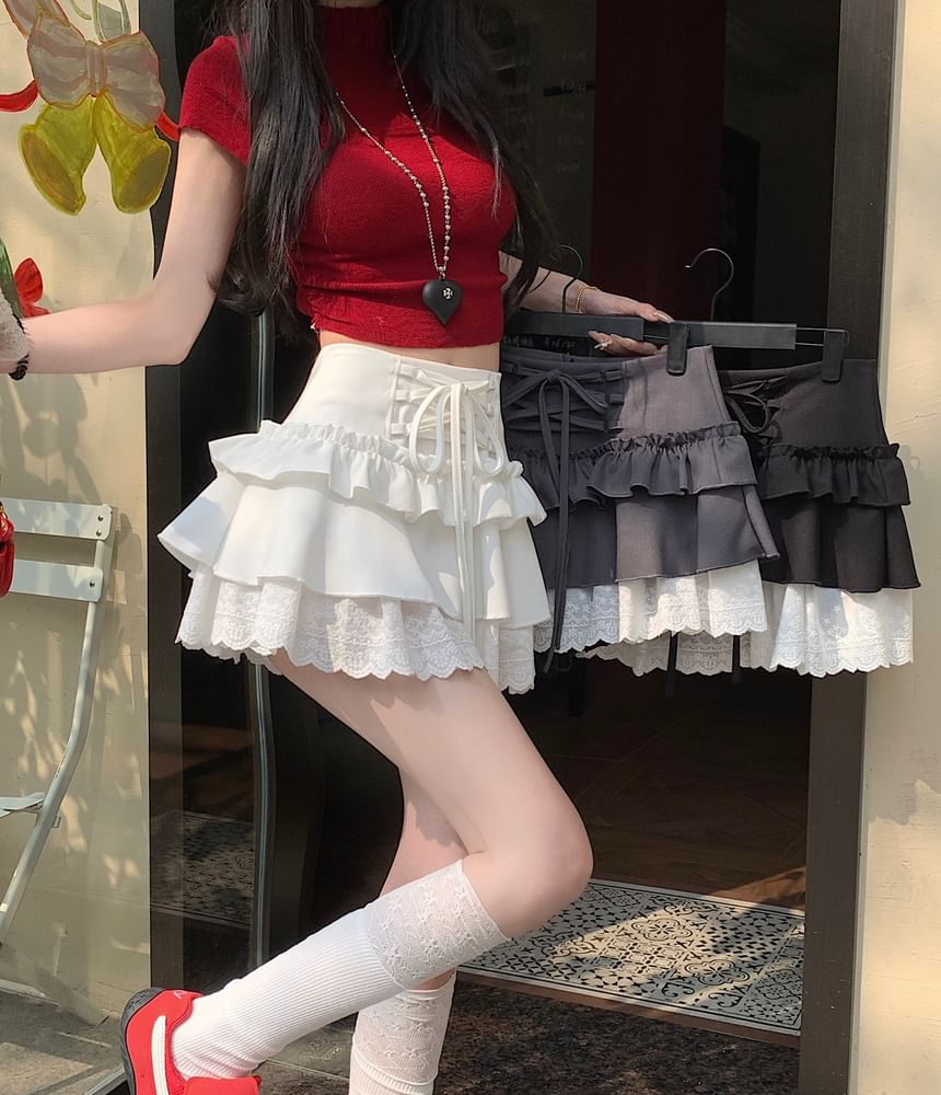 Rise A-Line Ruffle Plain Skirt High Mini Lace-Up Trim Lace