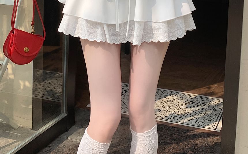 Rise A-Line Ruffle Plain Skirt High Mini Lace-Up Trim Lace