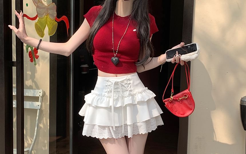 Rise A-Line Ruffle Plain Skirt High Mini Lace-Up Trim Lace