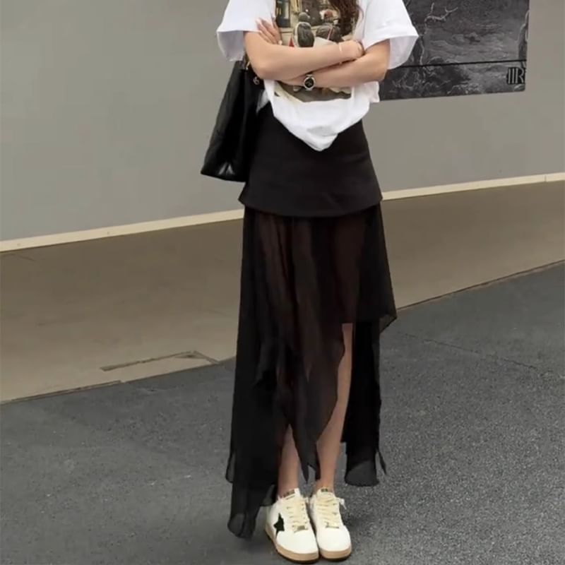 Asymmetrical Plain High Skirt Straight Maxi Waist