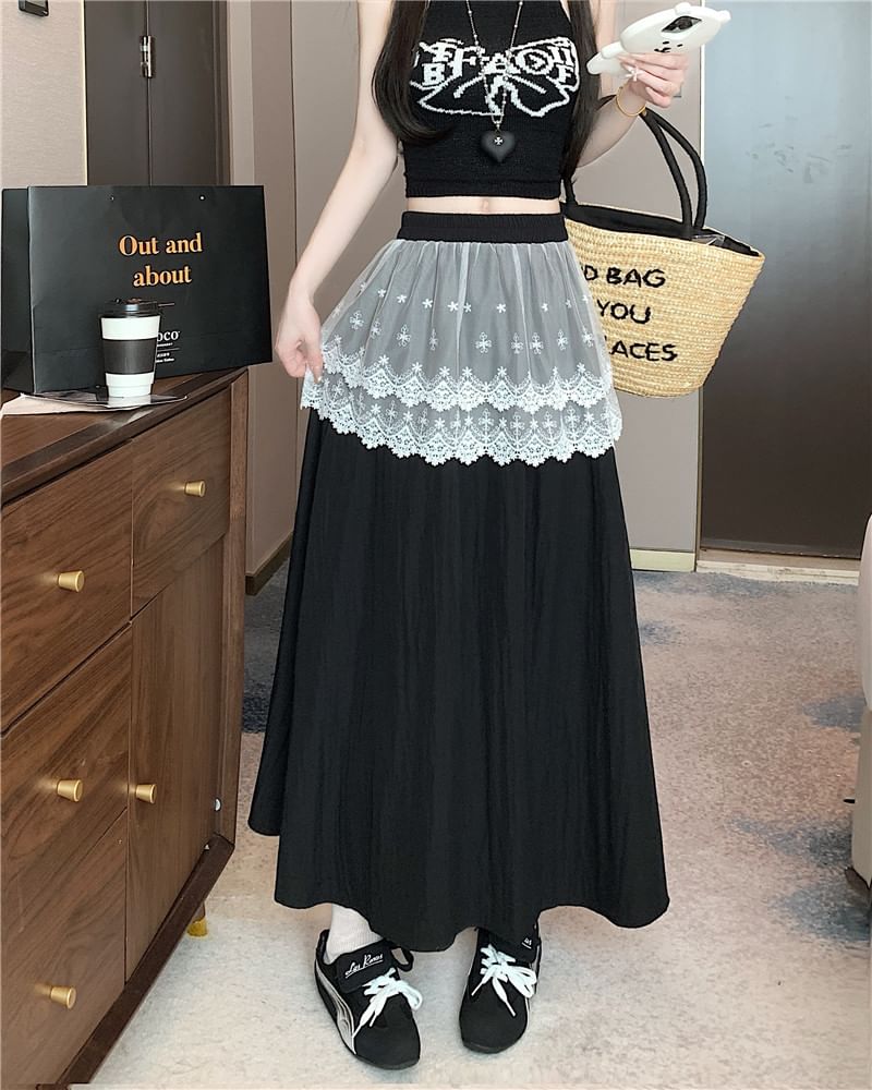 Maxi Trim Skirt Rise Lace Plain High A-Line