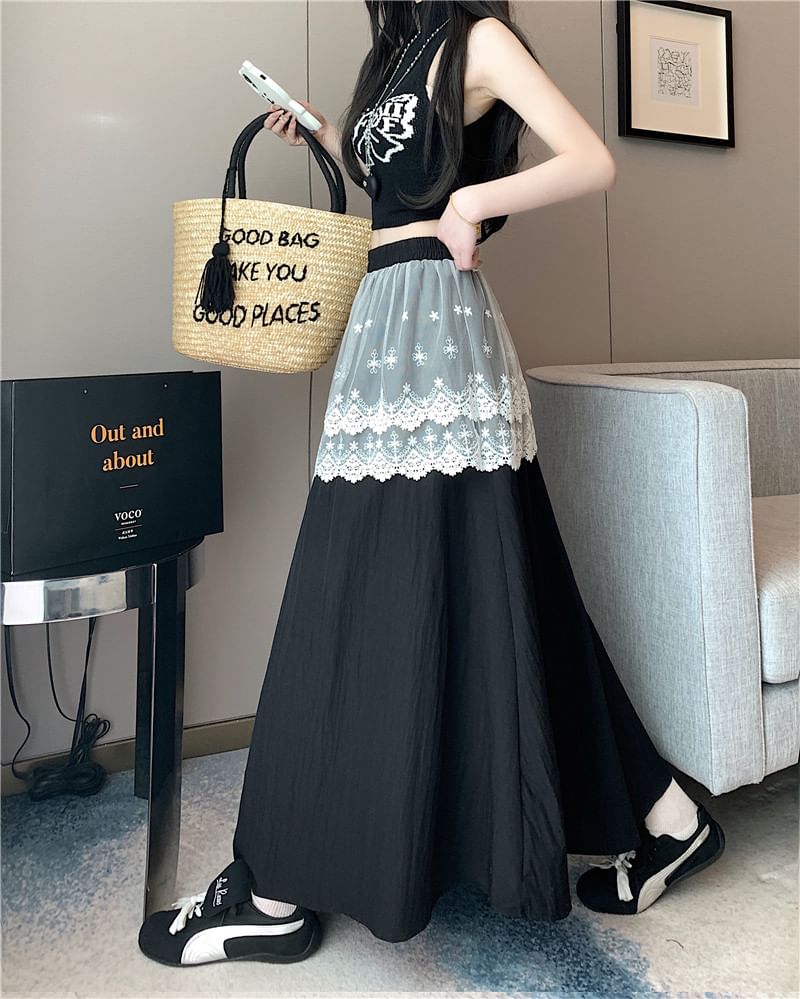 Plain High A-Line Lace Skirt Rise Maxi Trim