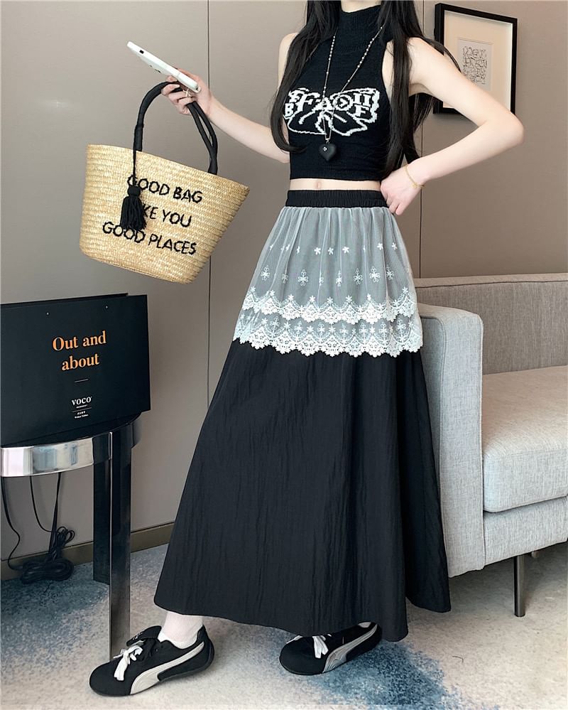 Maxi Trim Skirt Rise Lace Plain High A-Line