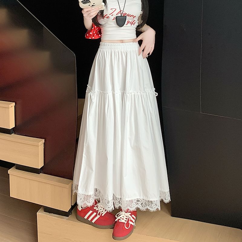 Lace High Waist Skirt A-Line Plain Trim Maxi