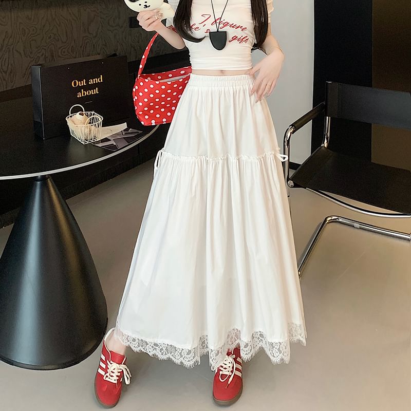 Trim A-Line Maxi High Plain Skirt Waist Lace