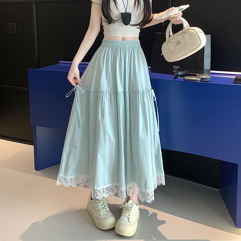 Trim A-Line Maxi High Plain Skirt Waist Lace
