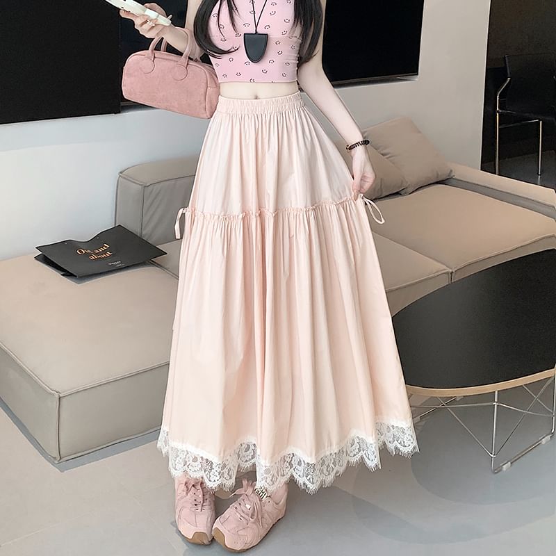 Trim A-Line Maxi High Plain Skirt Waist Lace