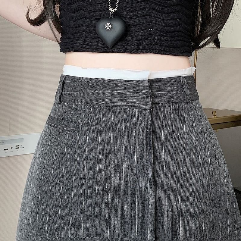 High A-Line Rise Asymmetrical Mini Pinstriped Skirt