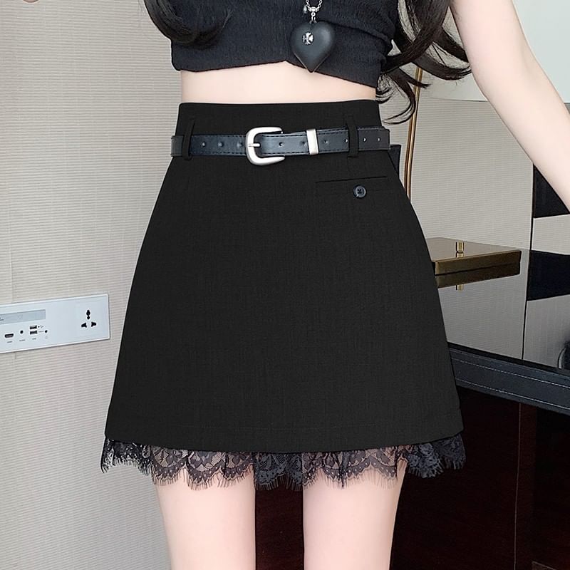 A-Line Plain Skirt Lace Rise Trim Mini High