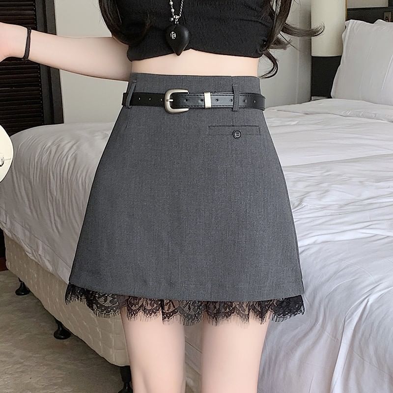A-Line Plain Skirt Lace Rise Trim Mini High