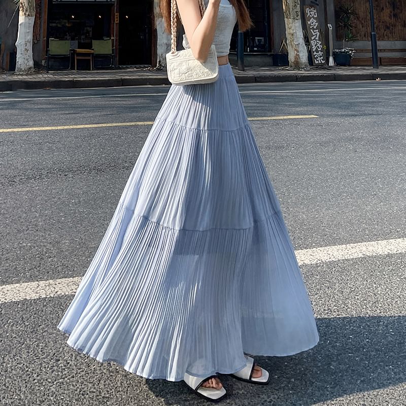 Plain Pleated Skirt Accordion Maxi High A-Line Waist