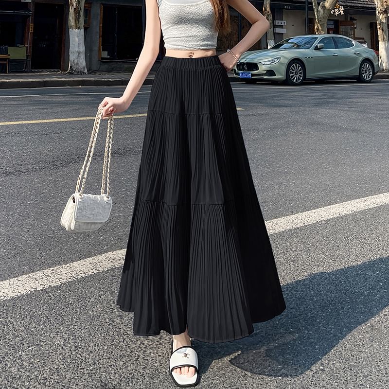 Plain Pleated Skirt Accordion Maxi High A-Line Waist