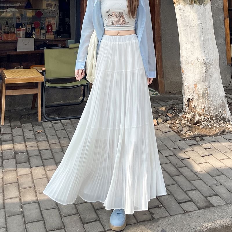Plain Pleated Skirt Accordion Maxi High A-Line Waist